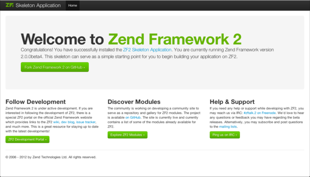 Tela inicial do Zend Framework 2