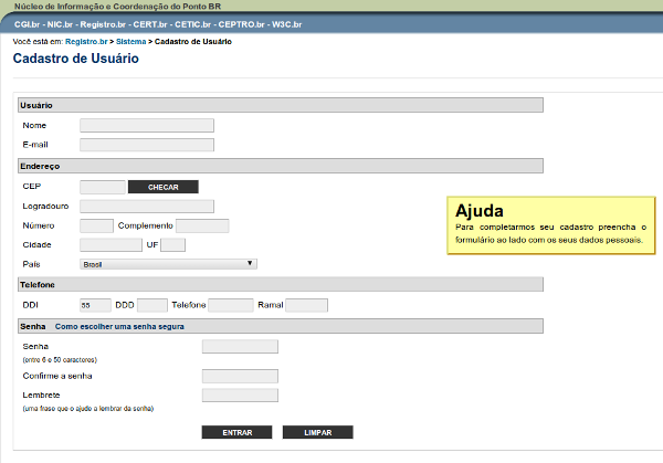 Formulário de registro de domínio